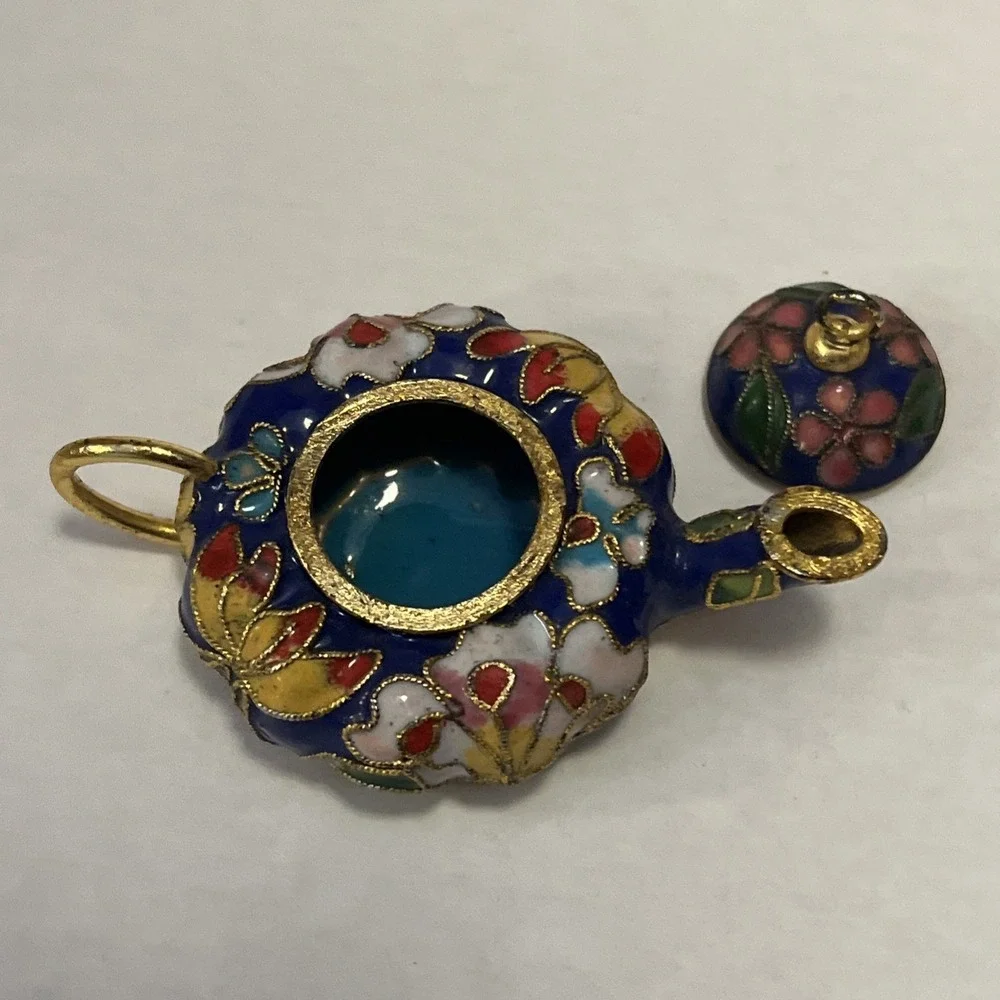 Vintage Cloisonné Porcelain Enamel Miniature Tea Pot With Floral Pattern